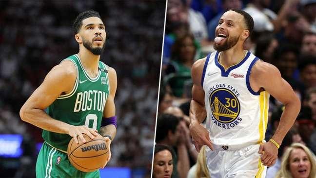 Jayson Tatum pelo Celtics e Stephen Curry pelo Warriors disputam o título da maior liga de basquete do mundo - Fotos: ANDY LYONS / AFP; TOM PENNINGTON / AFP