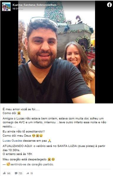 Karina Santana anuncia morte de Lucas Guedes  (Foto: Reprodução/Facebook)