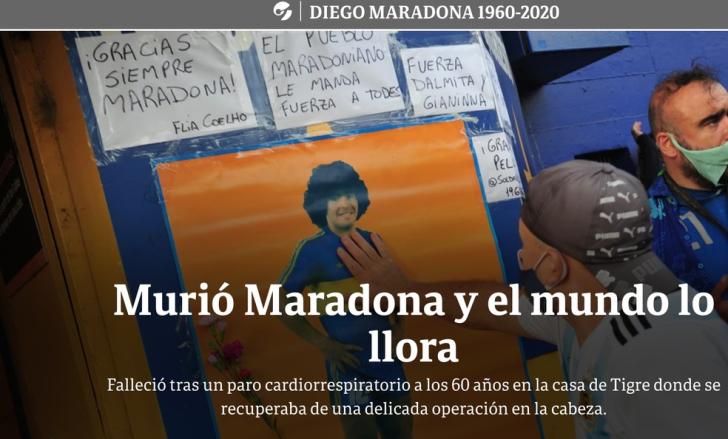 Capa Clarín sobre a morte de Diego Maradon — Foto: Reprodução / Internet