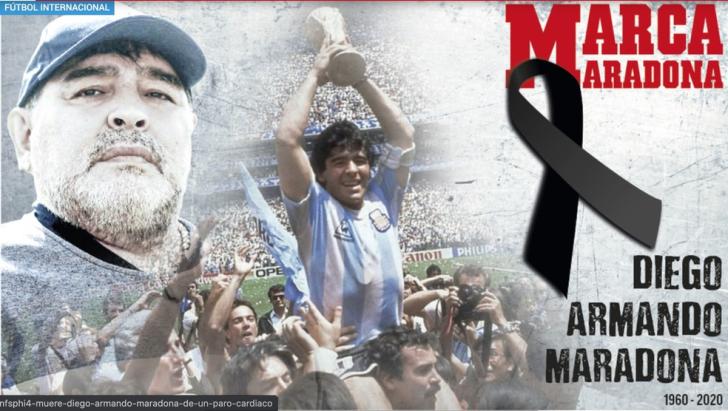 Capa do Marca sobre a morte de Diego Maradona — Foto: Reprodução / Internet